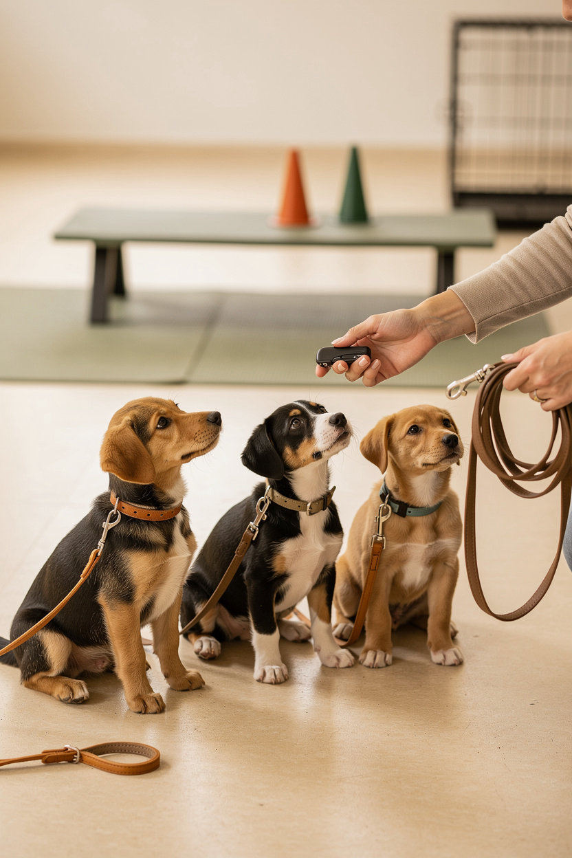 Dogology University puppy training class - young dogs learning basic commands with positive reinforcement methods in Grand Haven Michigan
